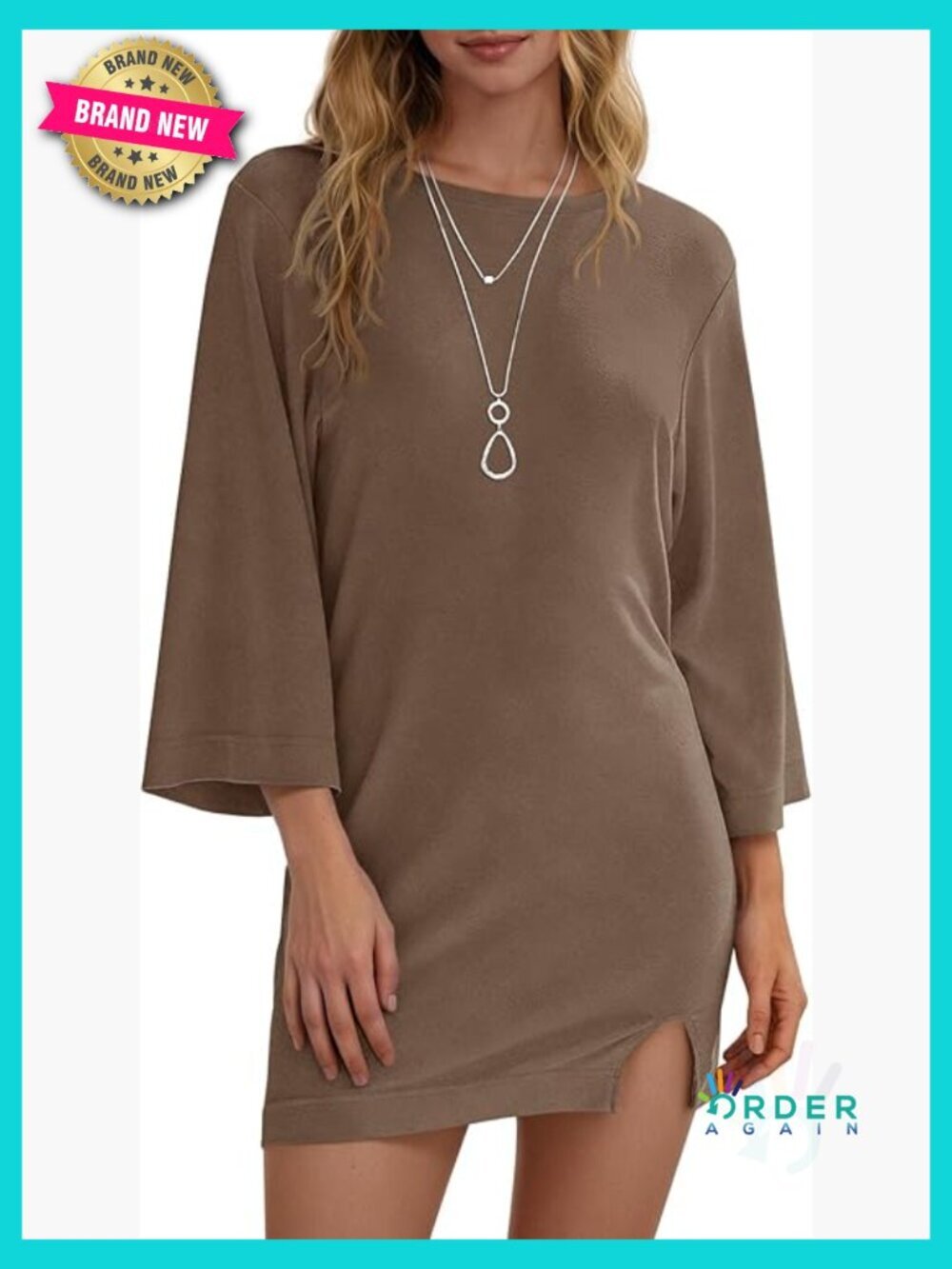 3/4 Sleeve Crewneck Shift Mini Dress Casual Loose Fit Summer Tee Dress with